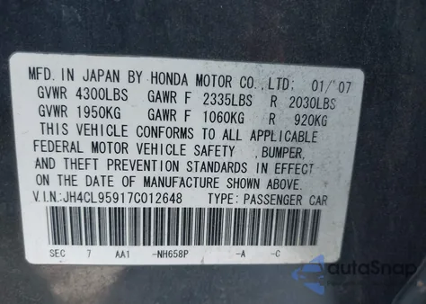 2007 Acura Tsx z USA, uszkodzony, nr VIN JH4CL95917C012648